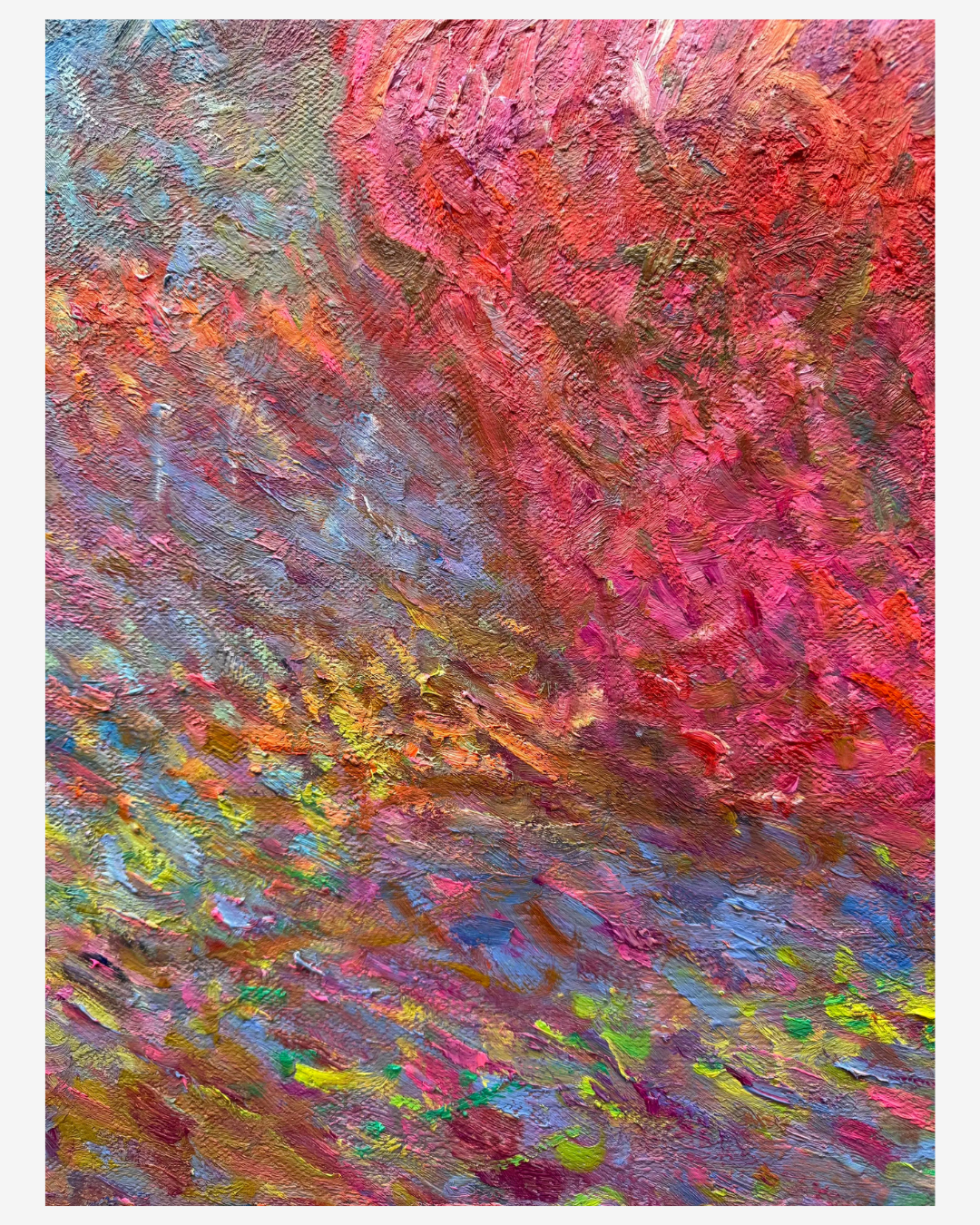  Detailed macro view ofmasterfully layered pink and goldpaint on an impressionistrecreation