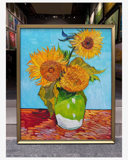 Actual photo of hand-painted Van Gogh Three Sunflowers in a Vase oil painting on canvas – real artwork from Lily Daphne Studio