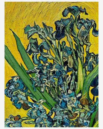 Close-up full view of Van Gogh Vase with Irises handpainted oil painting textured floral bouquet