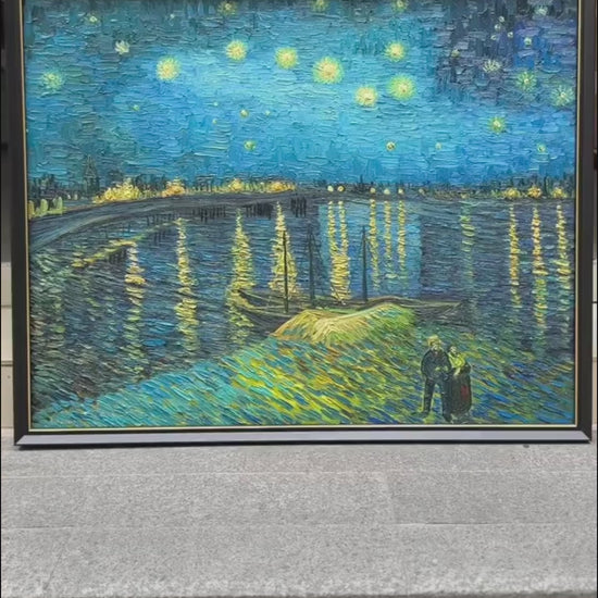 Video of Vincent van Gogh Starry Night Over the Rhône oil painting details, 1:1 hand-painted impressionist wall art
