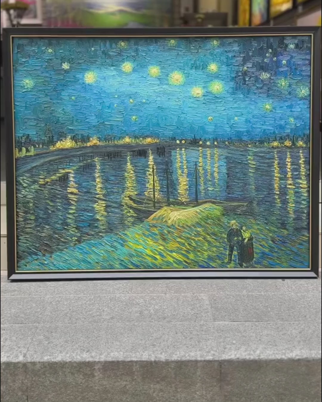 Video of Vincent van Gogh Starry Night Over the Rhône oil painting details, 1:1 hand-painted impressionist wall art