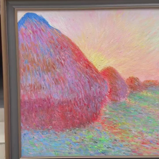 Video of framed Claude Monet Haystack at Sunset oil painting reproduction, impressionist wall art