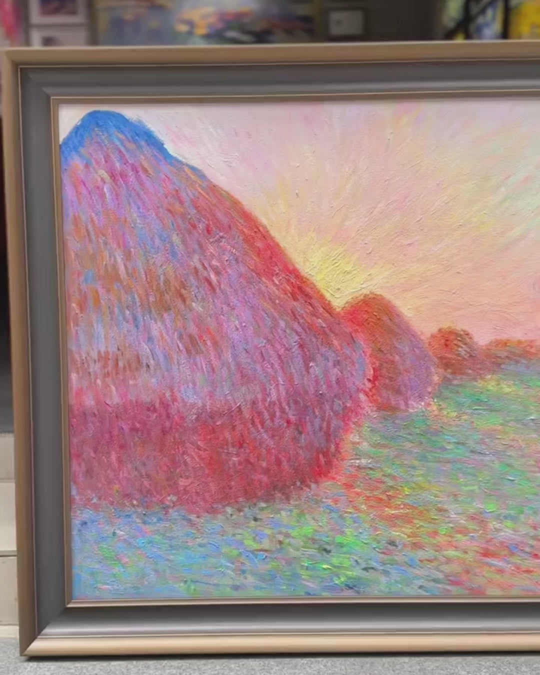 Video of framed Claude Monet Haystack at Sunset oil painting reproduction, impressionist wall art