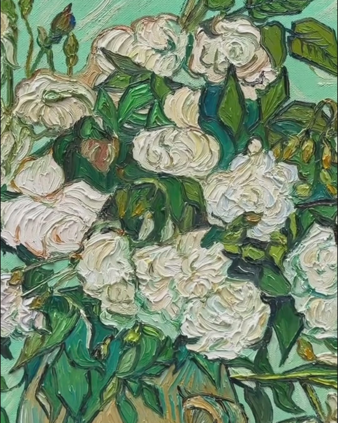 Video of Vincent van Gogh Vase with White Roses oil painting details, 78×96cm hand-painted floral wall art