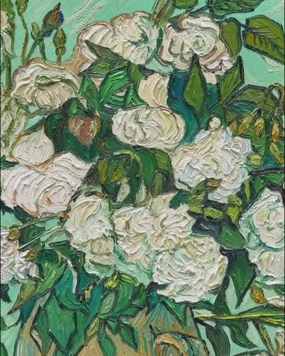 Video of Vincent van Gogh Vase with White Roses oil painting details, 78×96cm hand-painted floral wall art